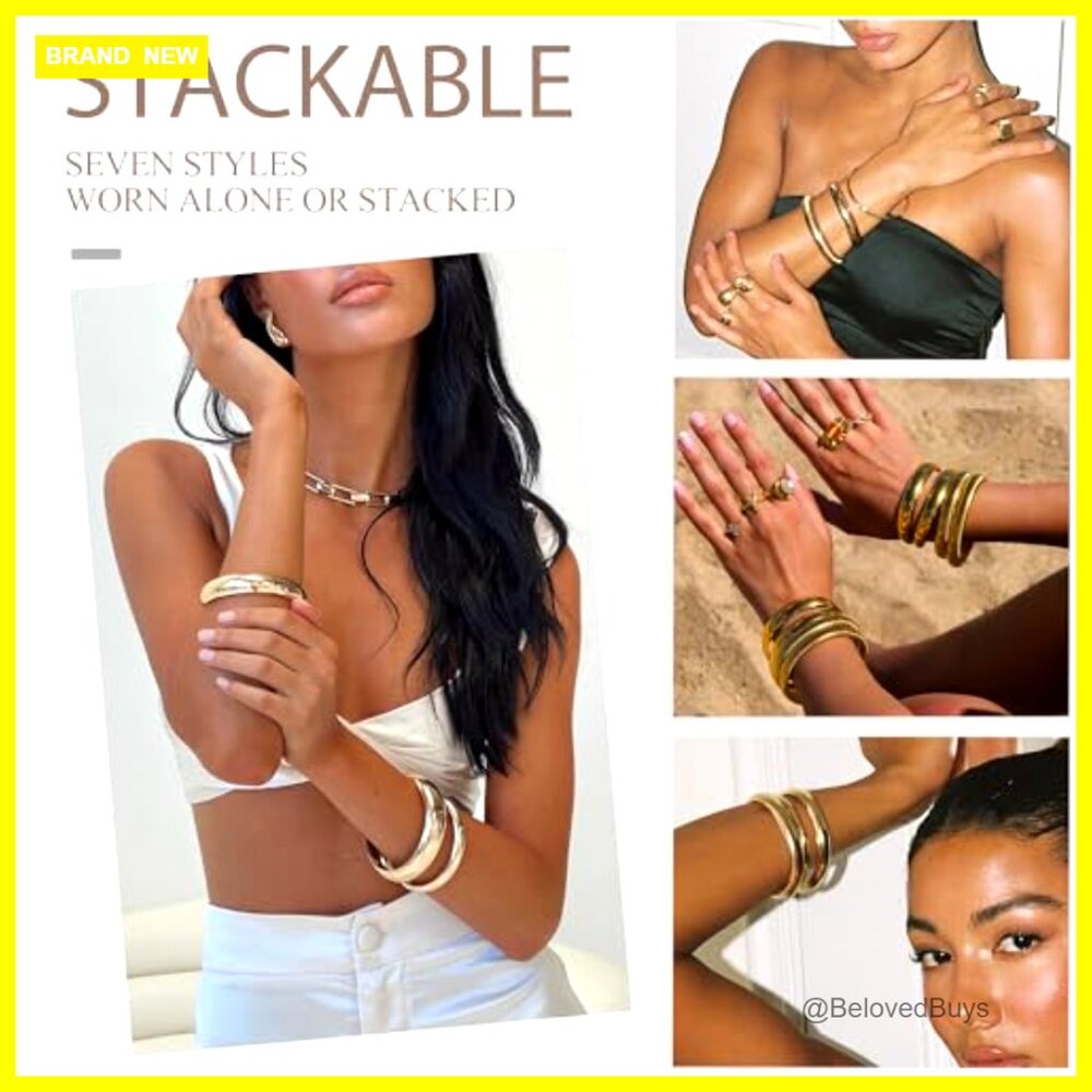 7Pcs 14K Gold Plated Stackable Bangle Bracelets Set, Boho Chunky Textured - Picture 3 of 7